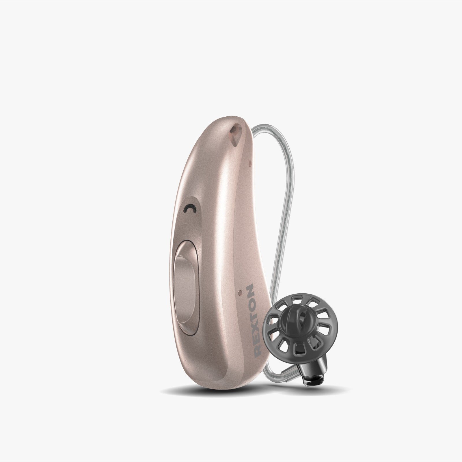 Aparelho auditivo Rexton Reach retroauricular discreto na cor champanhe